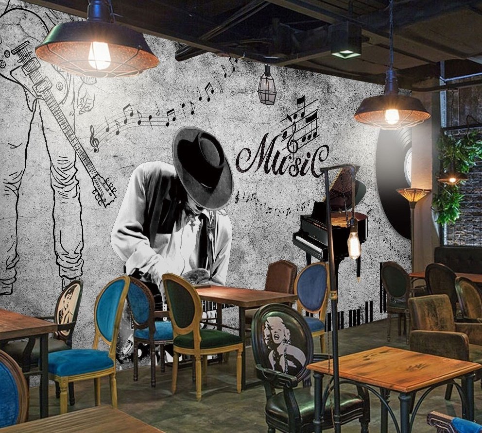 Dark Music Notes with Piano Wallpaper Mural - Peel and Stick