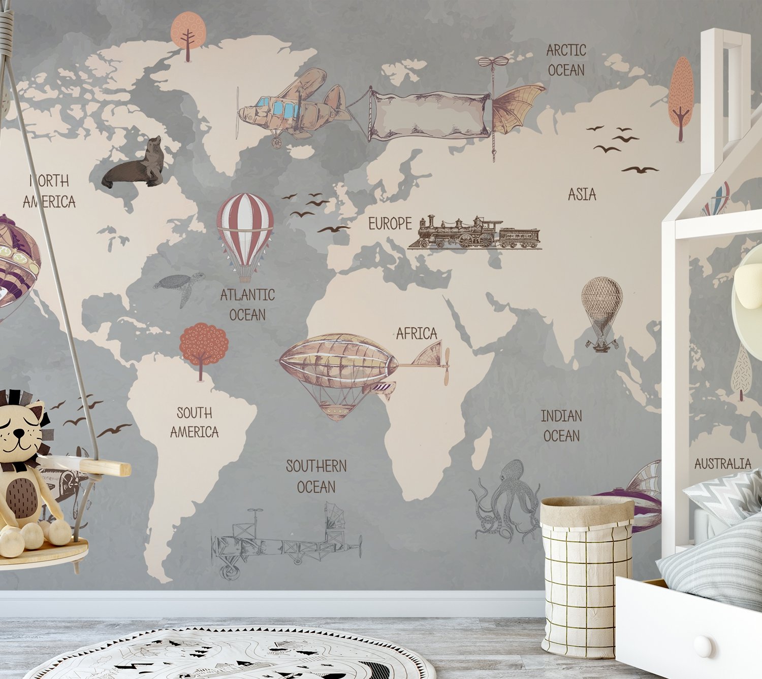 Vintage Kids World Map with Aircraft and Hot Air Balloon Wallpaper Mural - Peel and Stick