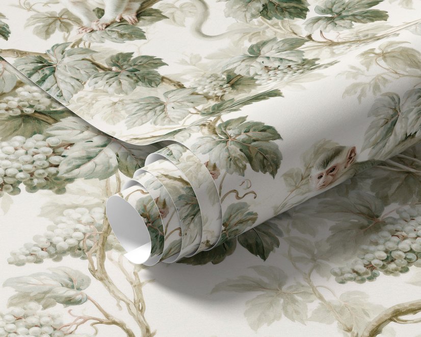 Vintage nature wallpaper with pale monkeys, sage grape leaves, white grape clusters and taupe vines on ivory.
