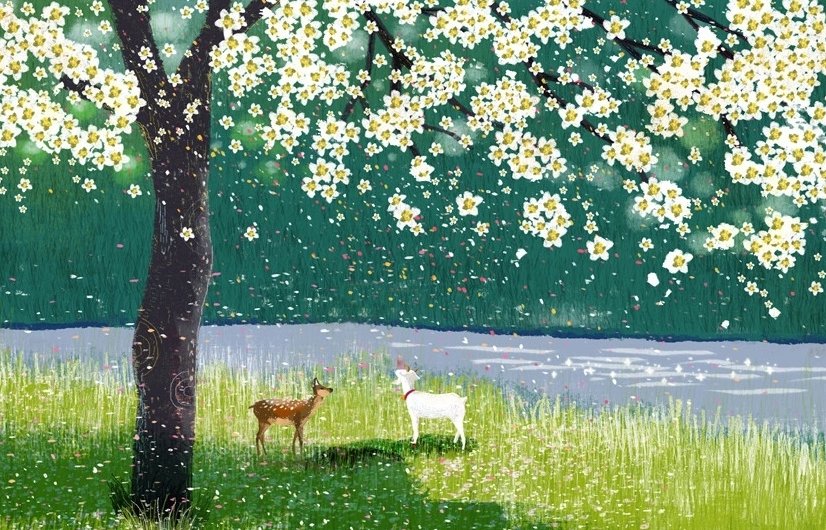 Papier peint panoramique forêt aquarelle et fleurs de pêcher
