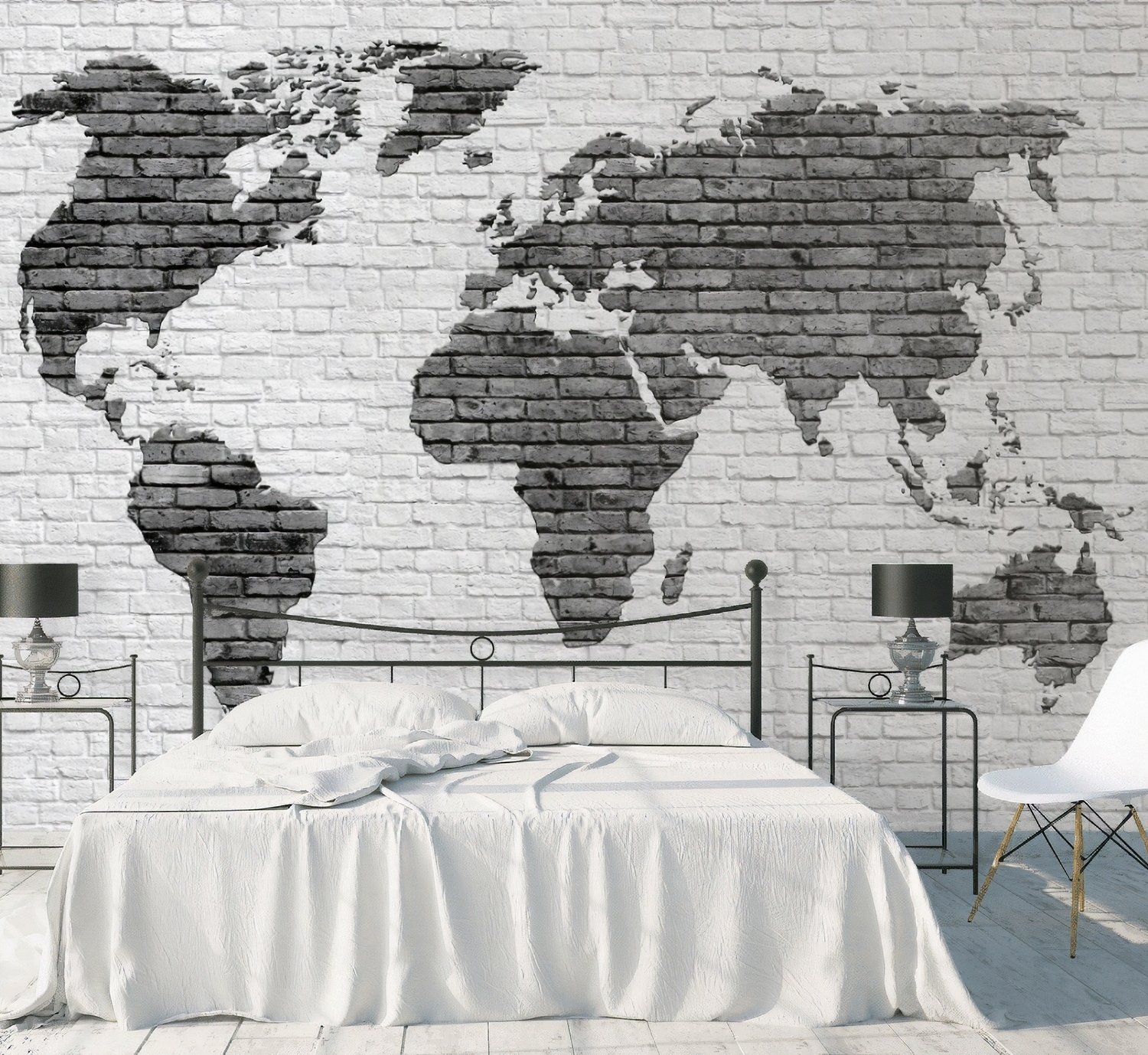 Black White Brick World Maps Wallpaper Mural - Peel and Stick