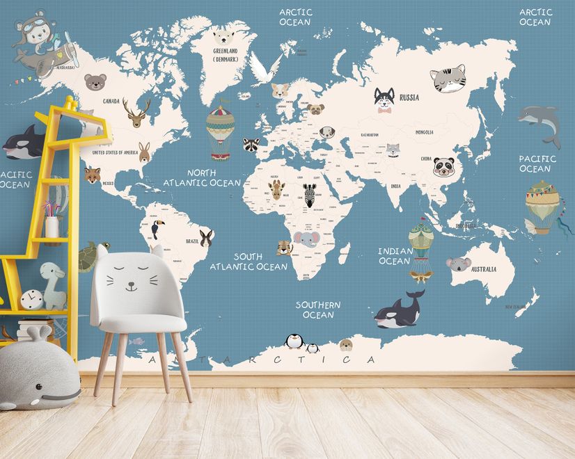 Kids Political World Map with Old Hot Air Balloons Wallpaper Mural