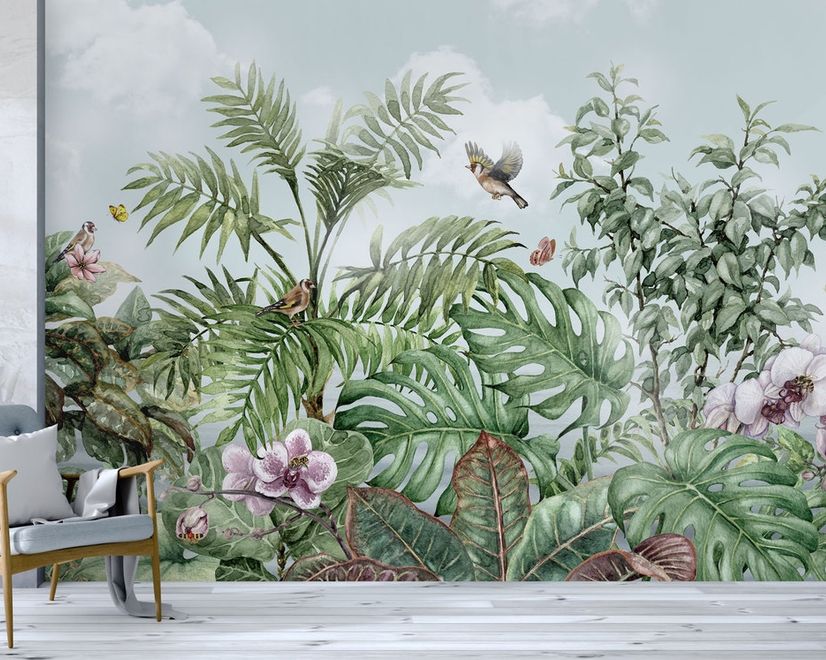 Fototapete mit tropischen Blättern, Vögeln und Blumen