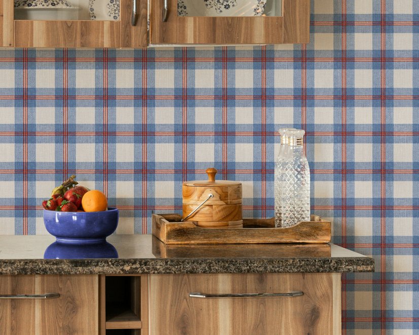 Blue and red plaid wallpaper with denim blue, cream and sky blue woven checks and fine red stripes