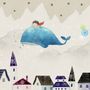 Cartoon Village and Little Child on the Flying Whale Wallpaper Mural
