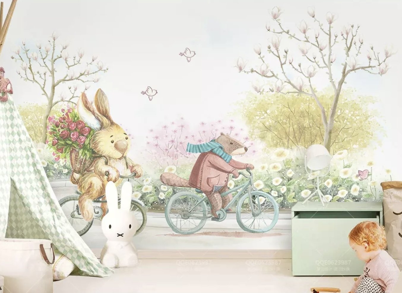 Cartoon Bear in the Flower Garden Wallpaper Mural - Peel and Stick