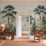 Vintage forest wallpaper mural with blue-grey trees, ivory blossom, red plants and toadstools around a misty path