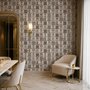 Vintage city wallpaper with illustrated European townhouses, lamps, bicycles, benches and orange-gold trees