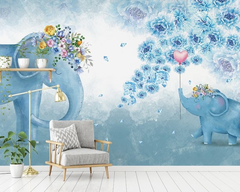 Cartoon Blue Elephant Wallpaper Mural