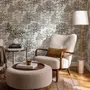 Monochrome wallpaper with grey tree toile on a clean white ground