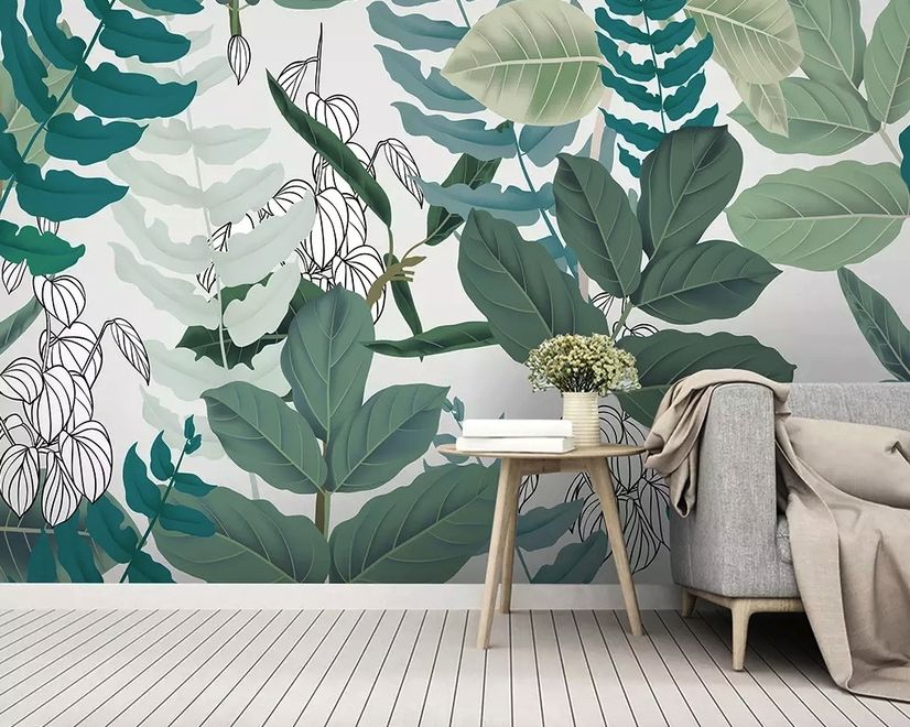 Papier peint 3D feuilles tropicales dessinées