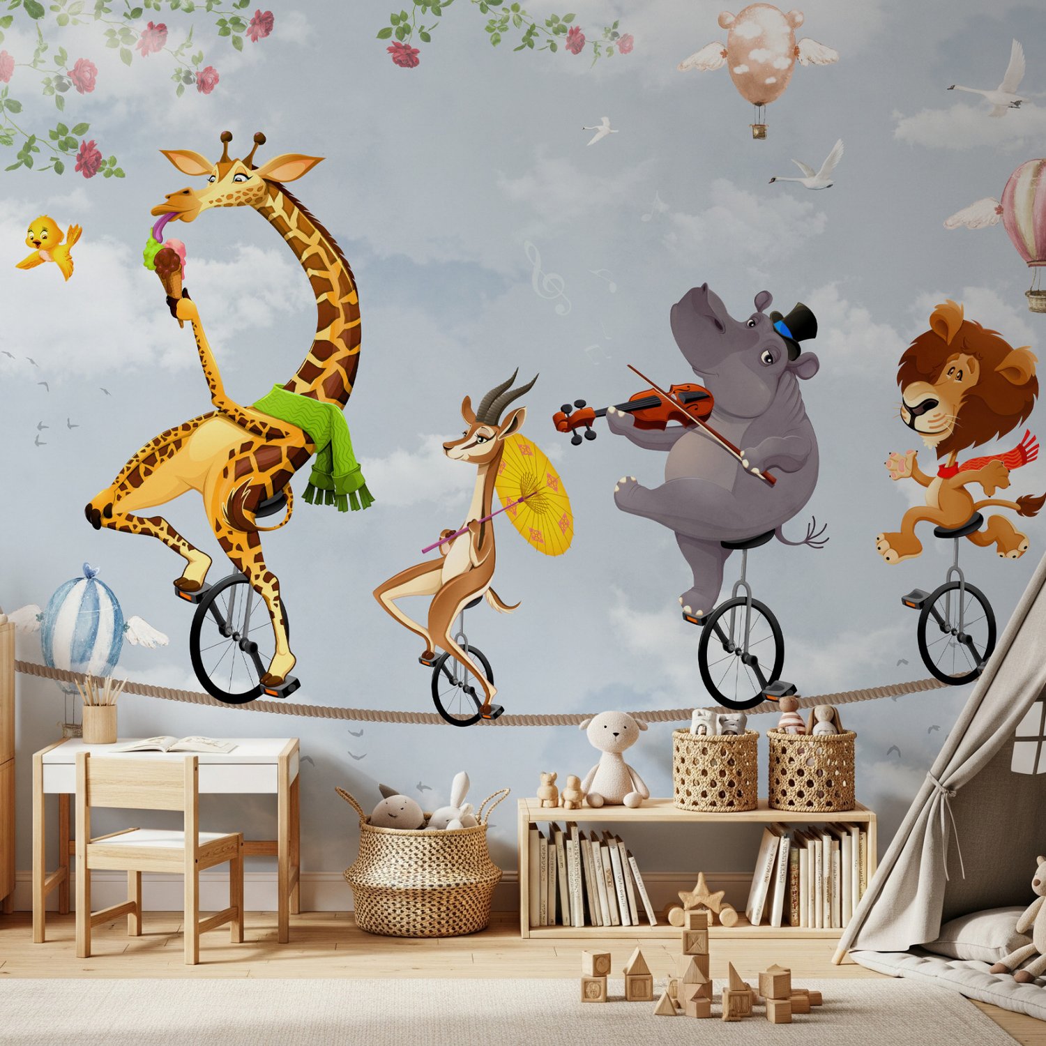 Cartoon Slackline with Animals Wallpaper Mural - Peel and Stick