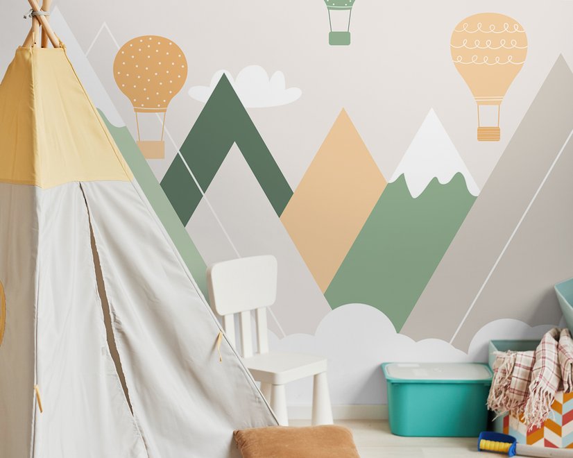 Nursery Mountain Landscape with Hot Air Balloons Wallpaper Mural