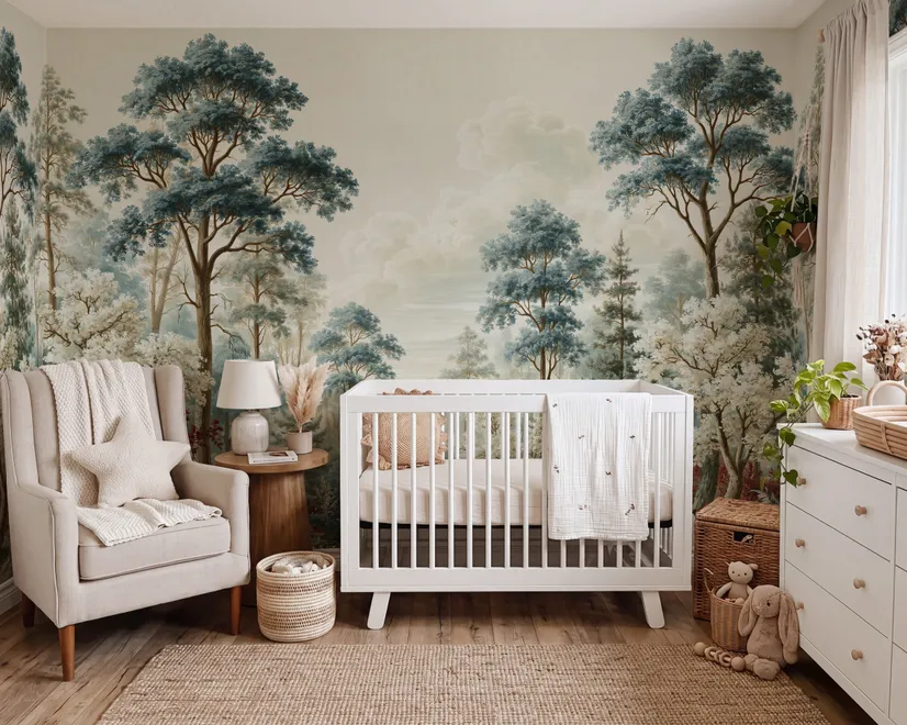 Vintage forest wallpaper mural with blue-grey trees, ivory blossom, red plants and toadstools around a misty path