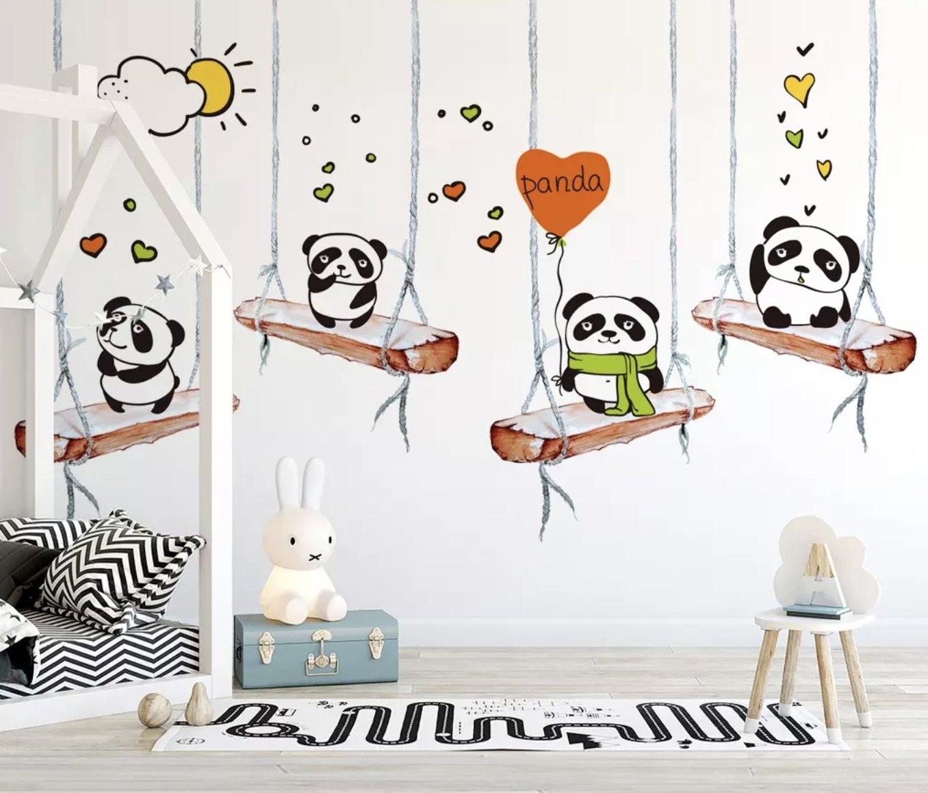 Swinging Panda Bears Wallpaper Mural - Peel and Stick