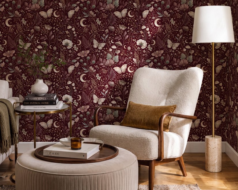 Pink butterflies wallpaper on a claret ground with cream flowers, moons, stars and spotted mushrooms.