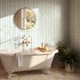 Blue floral stripe wallpaper with pale sky-blue bell flowers, green vines and sage bands on white