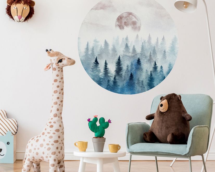 Foggy Forest with Rising Moon Landscape Circle Wall Decal Sticker