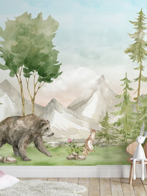 Papier peint forêt conifères aquarelle avec animaux pour enfants