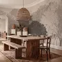 Misty forest nature wallpaper mural in greige, taupe and charcoal watercolour with birds