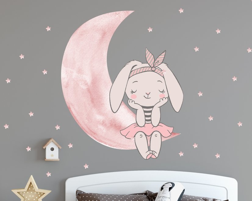 Kids Watercolor Cute Rabbit and Pink Moon with Little Stars Wall Decal Sticker
