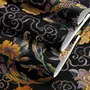 Japanese art wallpaper pattern with koi fish, gold peonies, mauve flowers and grey clouds on black