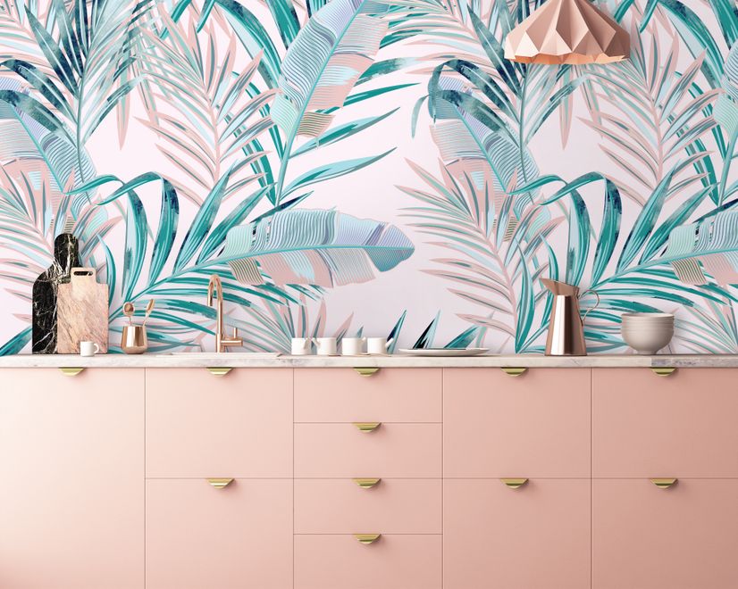 Tropical Pink Exotic Colorful Palm Leaf Wallpaper Mural