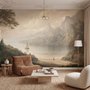 Landscape wallpaper mural with sepia coastal mountains, sailboat, beach figure and foreground tree