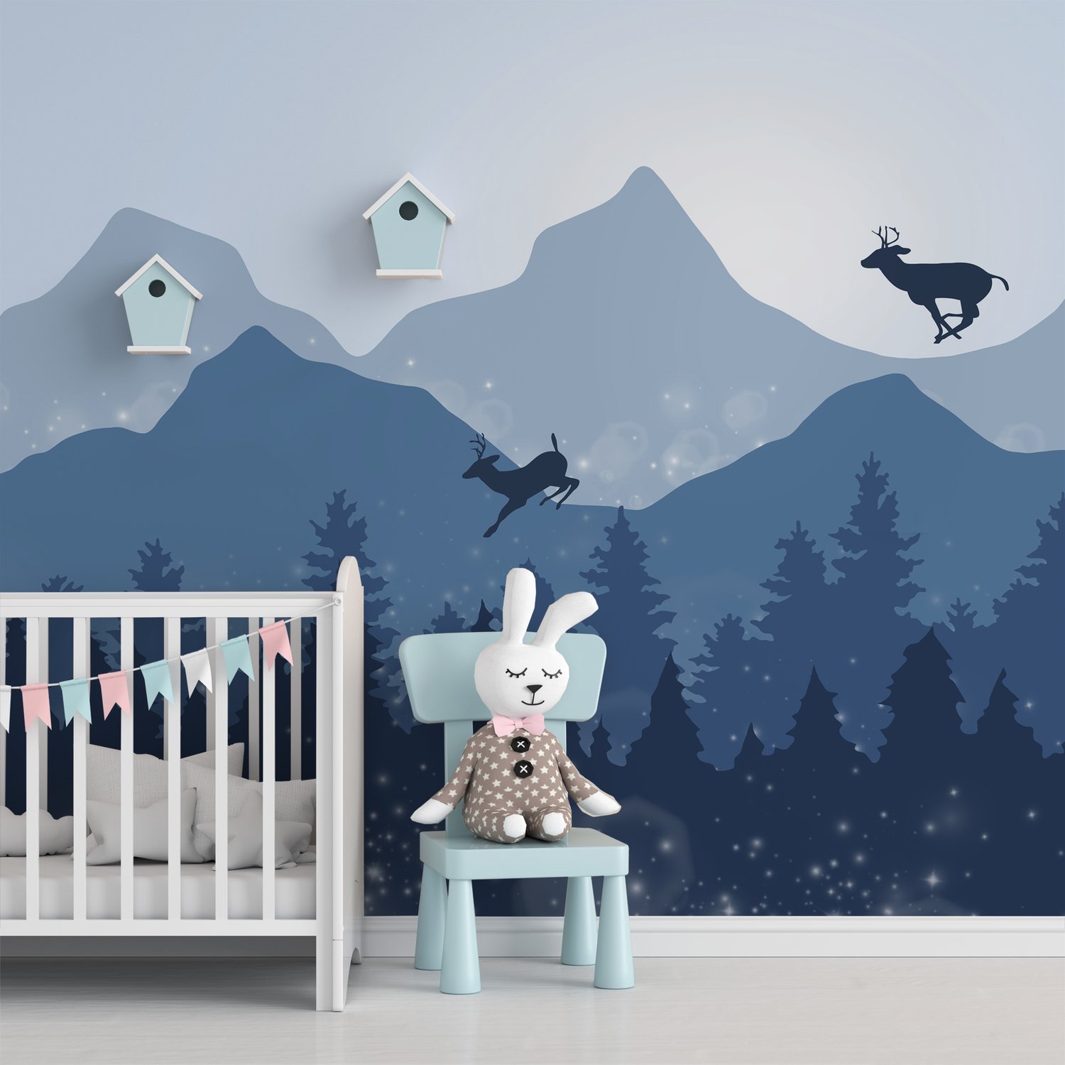 Monochrome Dark Blue Snowy Forest with Horned Deer Silhouette for Kids Nursery Wallpaper Mural - Peel and Stick