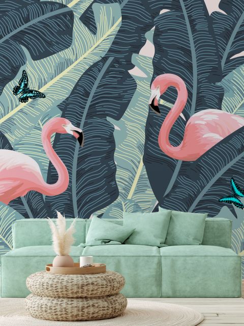 Tropical Banana Leaf with Pink Flamingo Wallpaper Mural