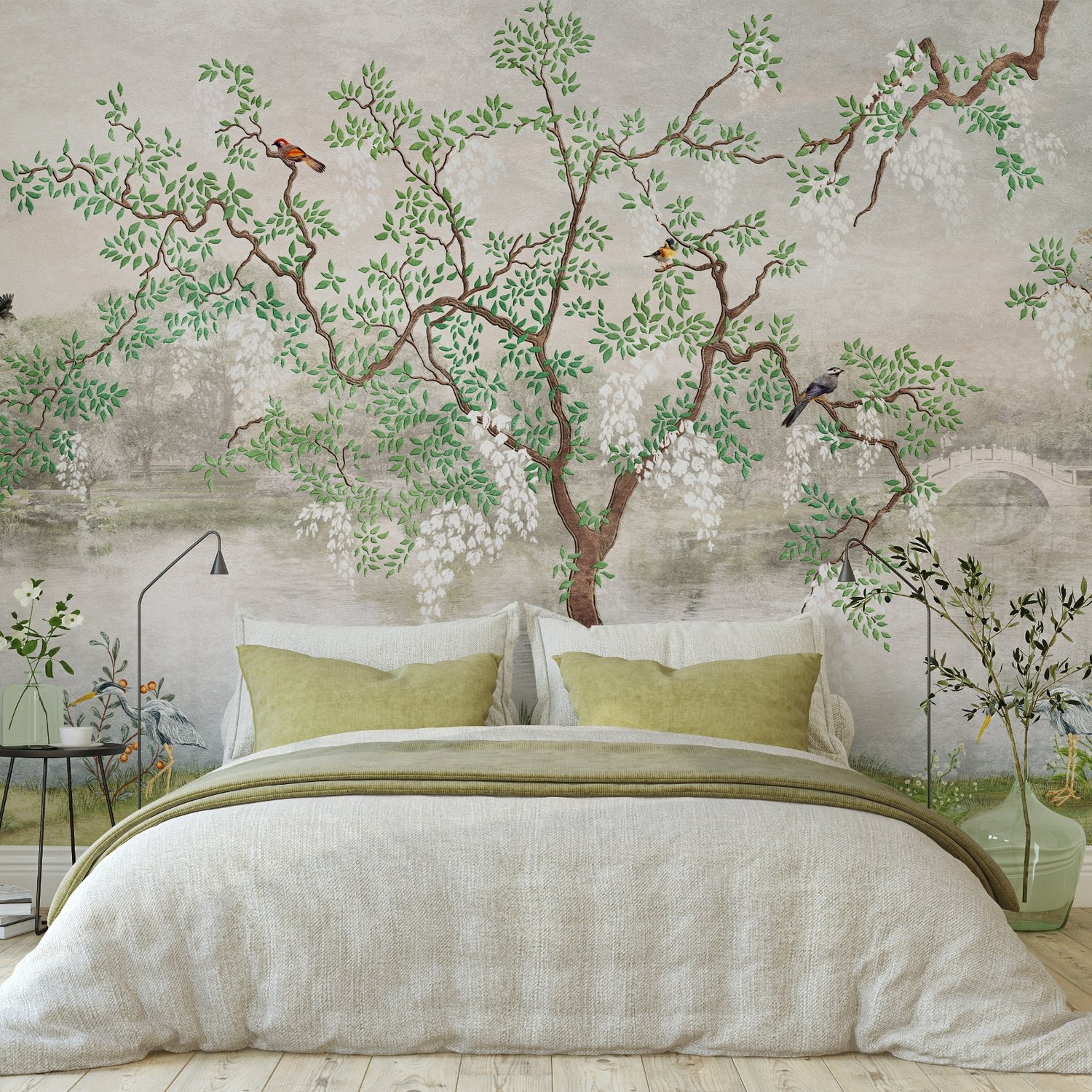 Misty Lake Landscape and Japanese Garden Wallpaper Mural - Peel and Stick