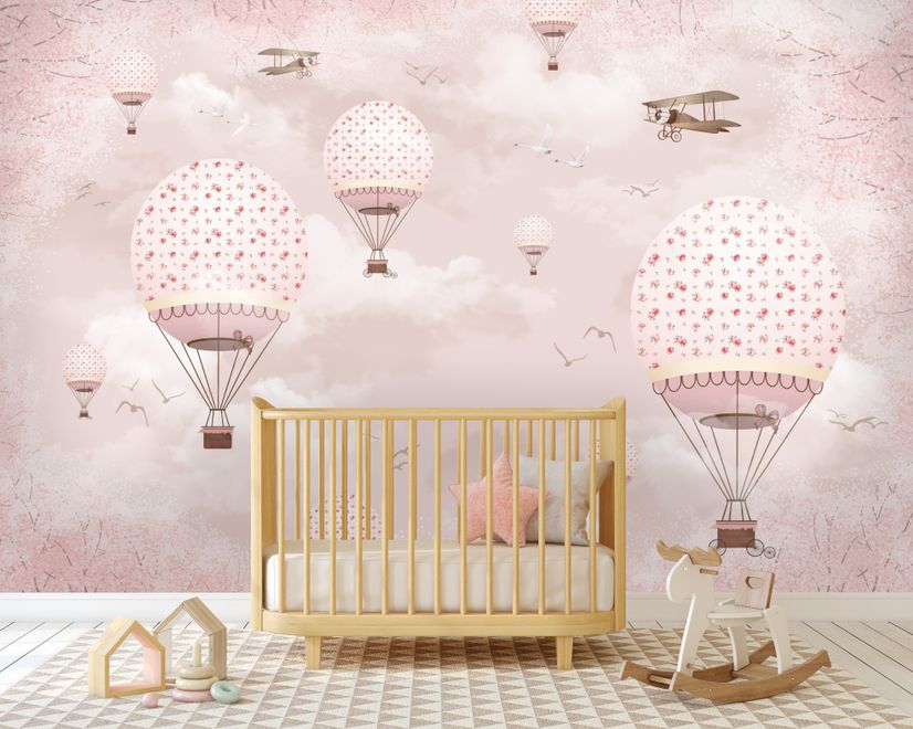 Kids Girls Pink Sky of Hot Air Balloon and Aircraft Wallpaper Mural