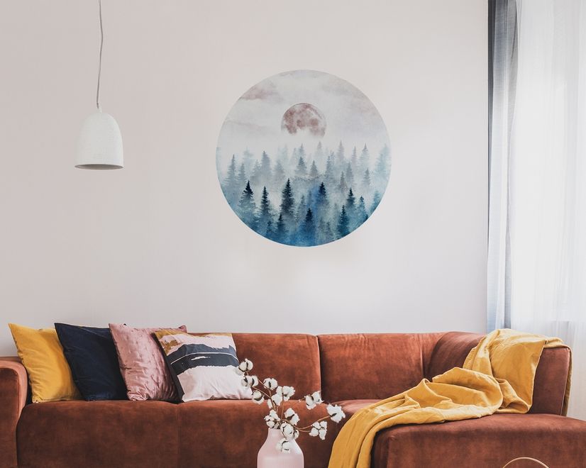 Foggy Forest with Rising Moon Landscape Circle Wall Decal Sticker