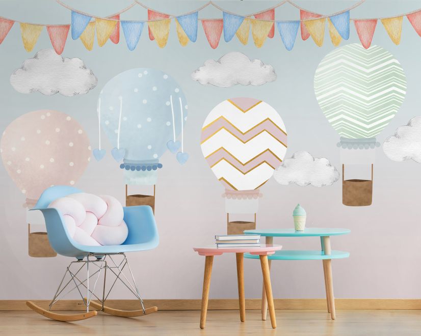 Kinder Bunte Heißluftballon mit Aquarell-Flaggen Fototapete