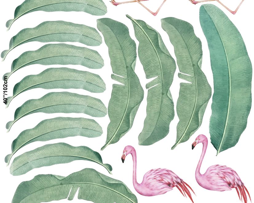 Kids Pink Flamingo and Green Banana Leaves Wall Decal Sticker