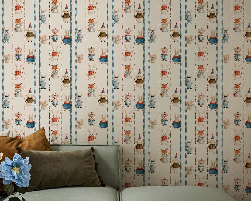 Cartoon wallpaper with rabbits, mice, a crowned fox and lambs in costumes between wavy blue stripes