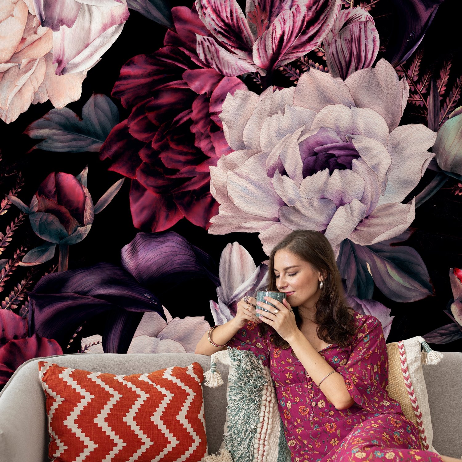 Dark Watercolor Colorful Peony Floral Wallpaper Mural - Peel and Stick
