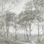 Coastal woodland wallpaper mural with grey trees, sandy path, sea horizon and small white sailboats