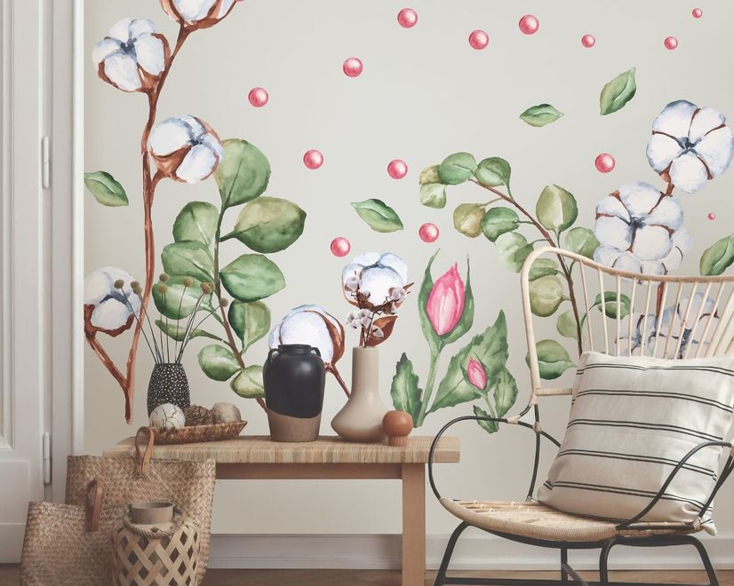 White Cotton Florals with Green Leaf and Pink Rosebud Wall Decal Sticker