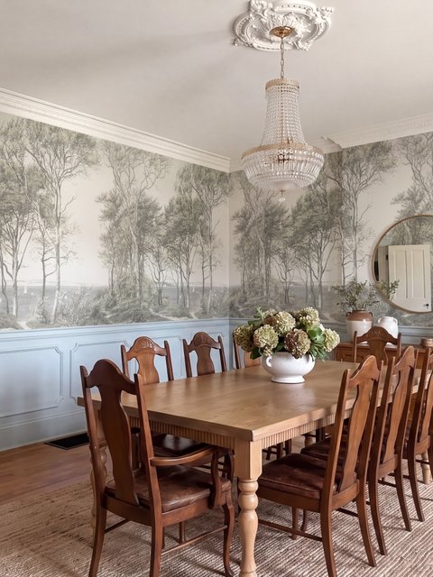 Coastal woodland wallpaper mural with grey trees, sandy path, sea horizon and small white sailboats