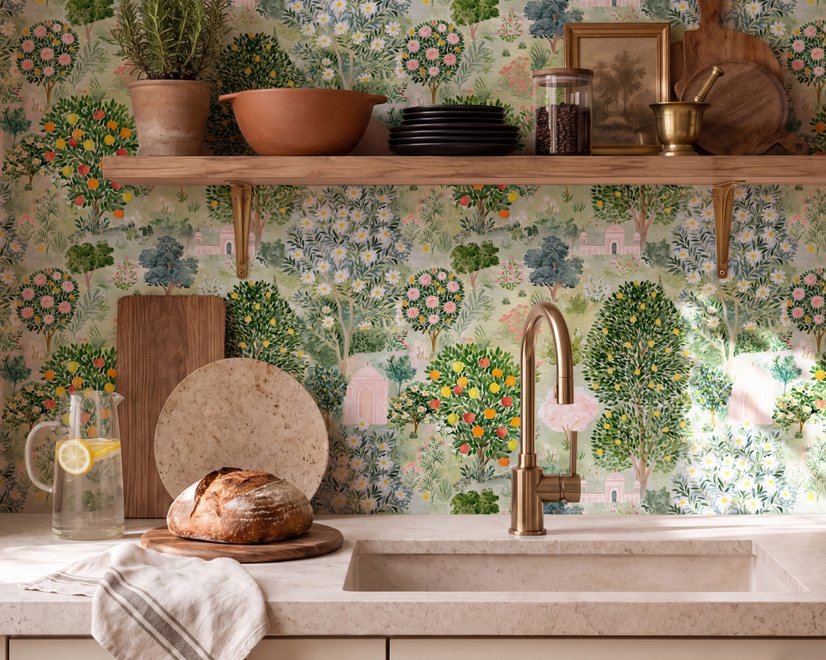 Watercolor Citrus Trees and Floral Brach Wallpaper Mural