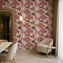 Tropical foliage wallpaper with black panthers, pink palace facades and ochre palms on pale peach