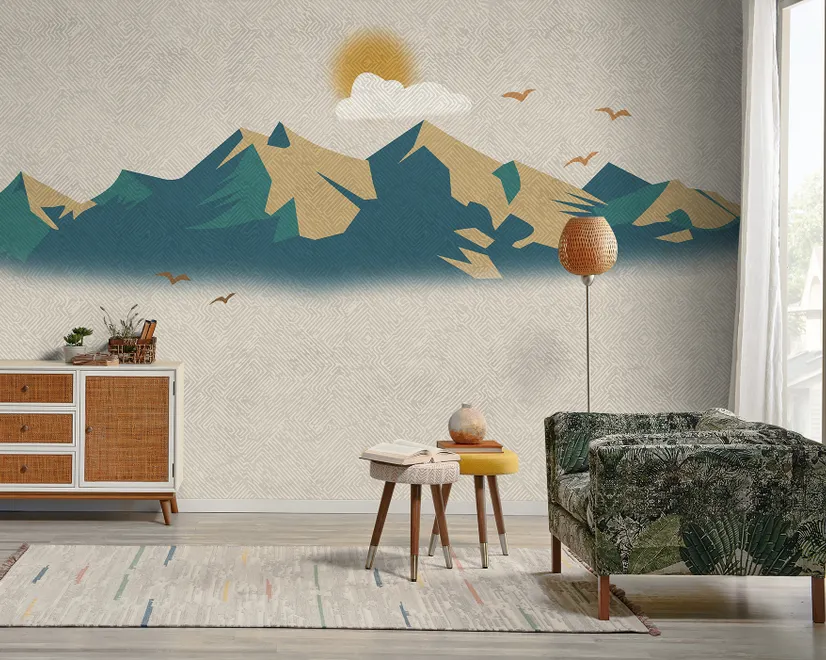Papier peint paysage de montagne au lever du soleil et texture de vieux plaid