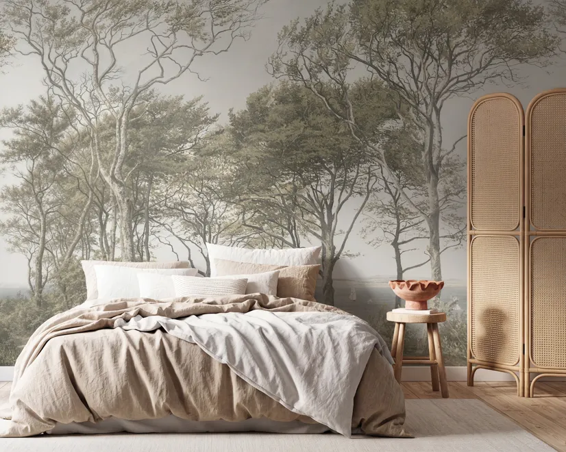 Tree wallpaper forest mural with olive coastal woodland, bare branches, shoreline path and small sailboats