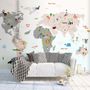 Colorful Kids World Map with Cartoon Animals Wallpaper Mural