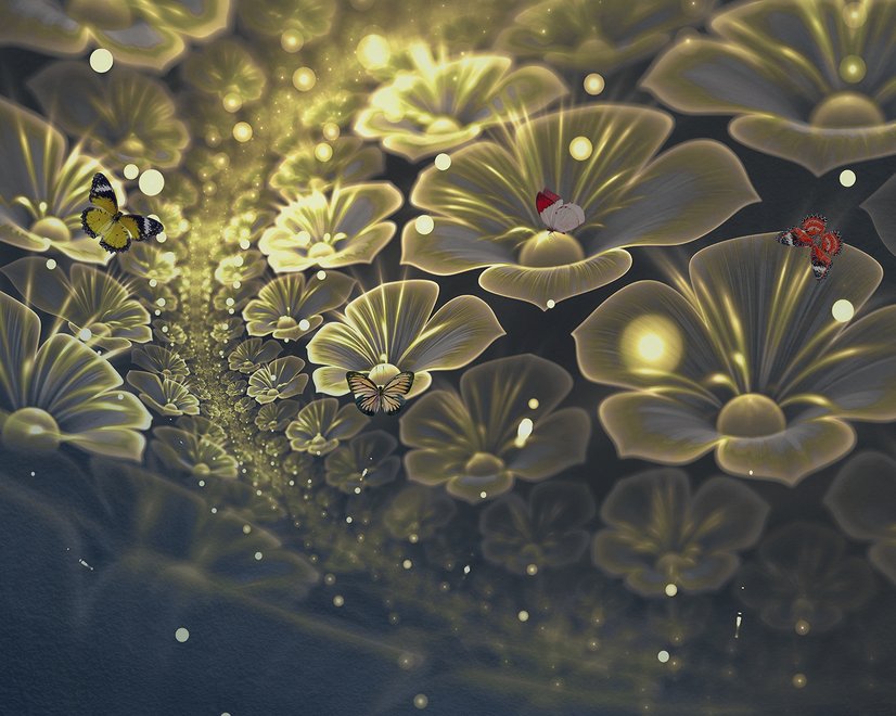 Dunkle Blumen auf gelbem Licht Fototapete