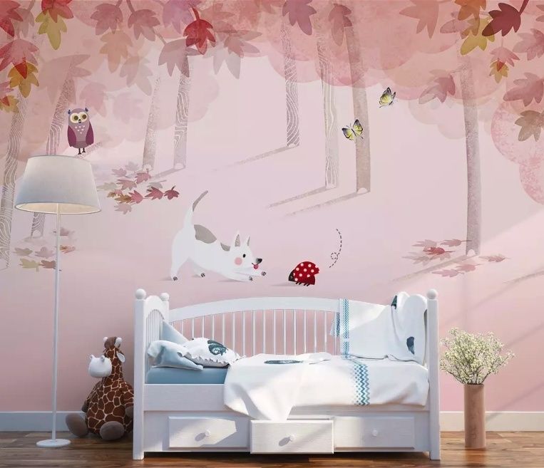 Pink Forest with Cats and Owl Wallpaper Mural