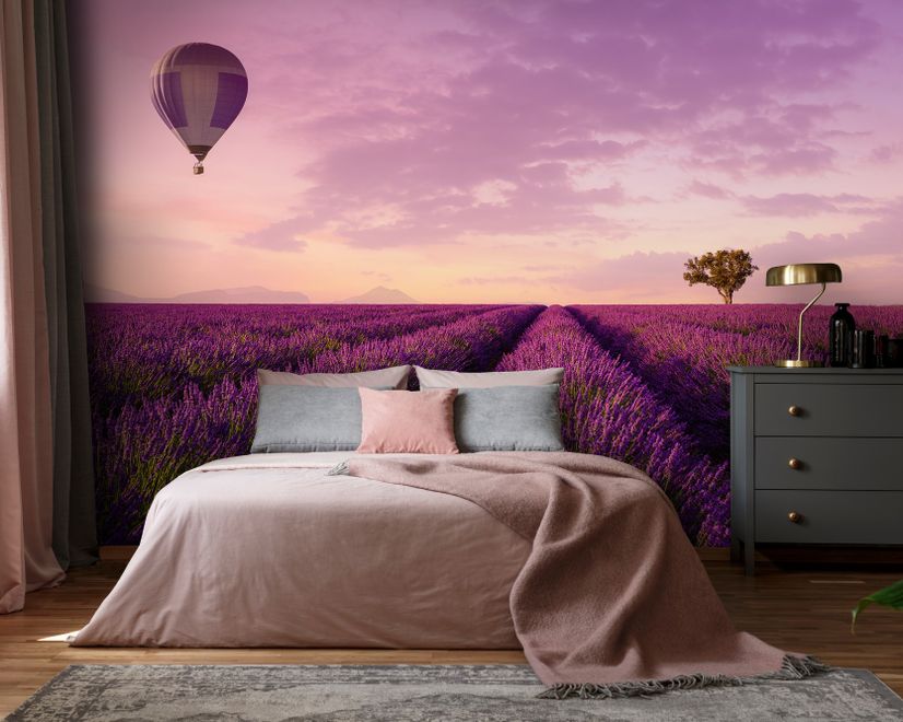 Serene Sunset Lavender and Balloon Landscape Wallpaper Mural