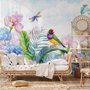 Papier peint panoramique hortensias et pivoines avec perroquet