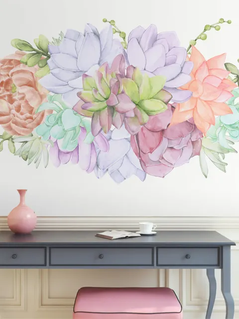 Watercolor Soft Echeveria Cactus Florals Wall Decal Sticker